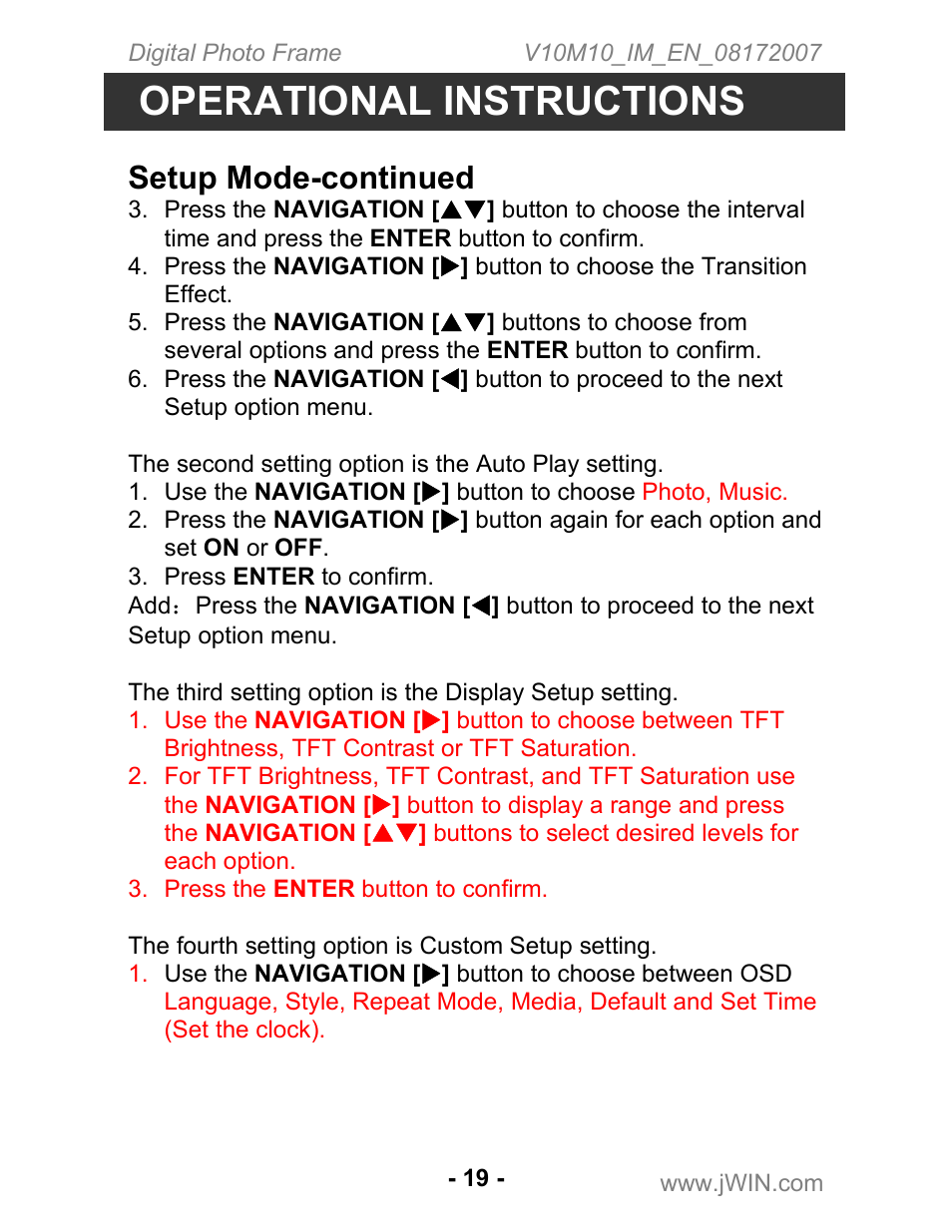 Operational instructions, Setup mode-continued | Jwin JP-147 User Manual | Page 19 / 24