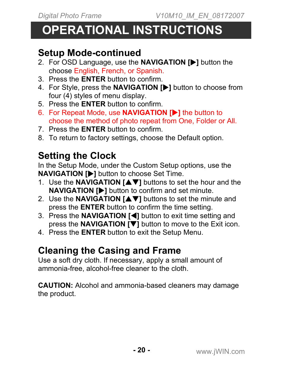 Operational instructions, Setup mode-continued, Setting the clock | Cleaning the casing and frame | Jwin JP-147 User Manual | Page 20 / 24