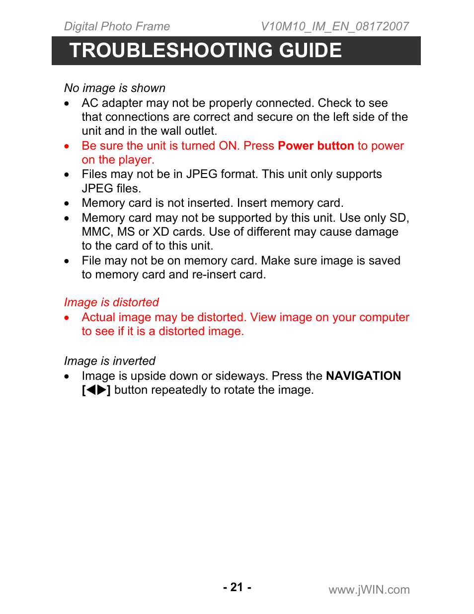 Troubleshooting guide | Jwin JP-147 User Manual | Page 21 / 24