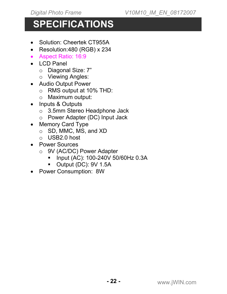Specifications | Jwin JP-147 User Manual | Page 22 / 24