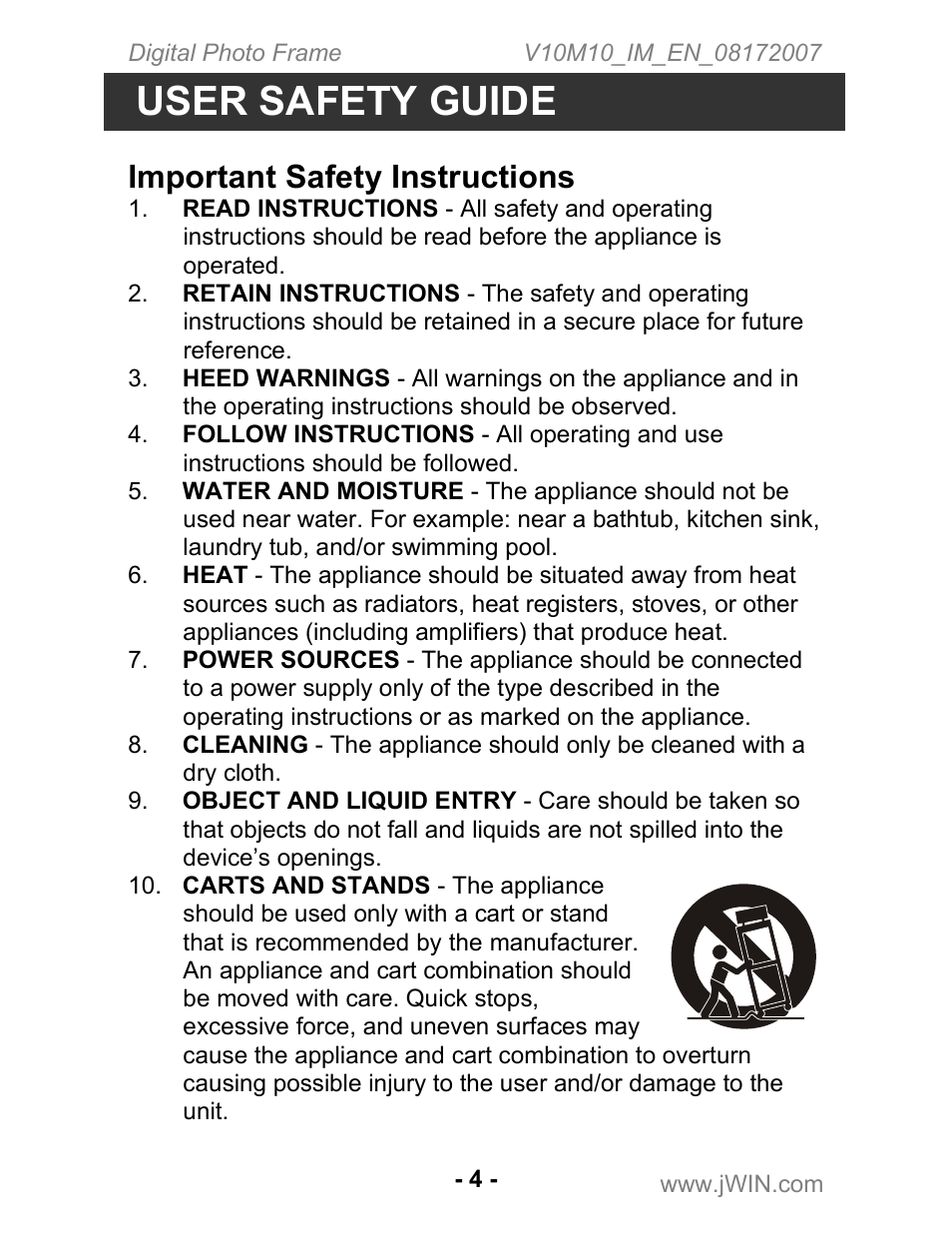 User safety guide, Important safety instructions | Jwin JP-147 User Manual | Page 4 / 24
