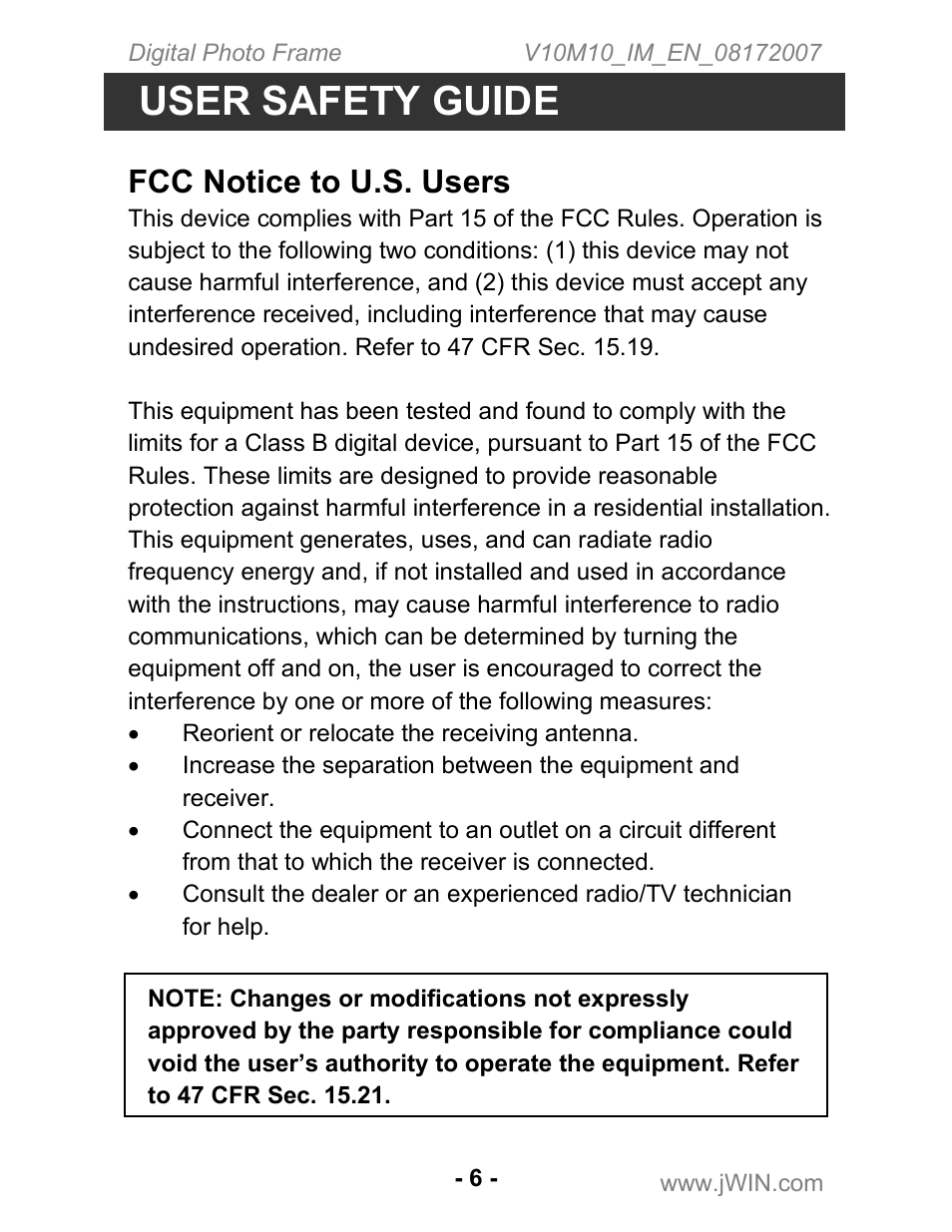 User safety guide, Fcc notice to u.s. users | Jwin JP-147 User Manual | Page 6 / 24