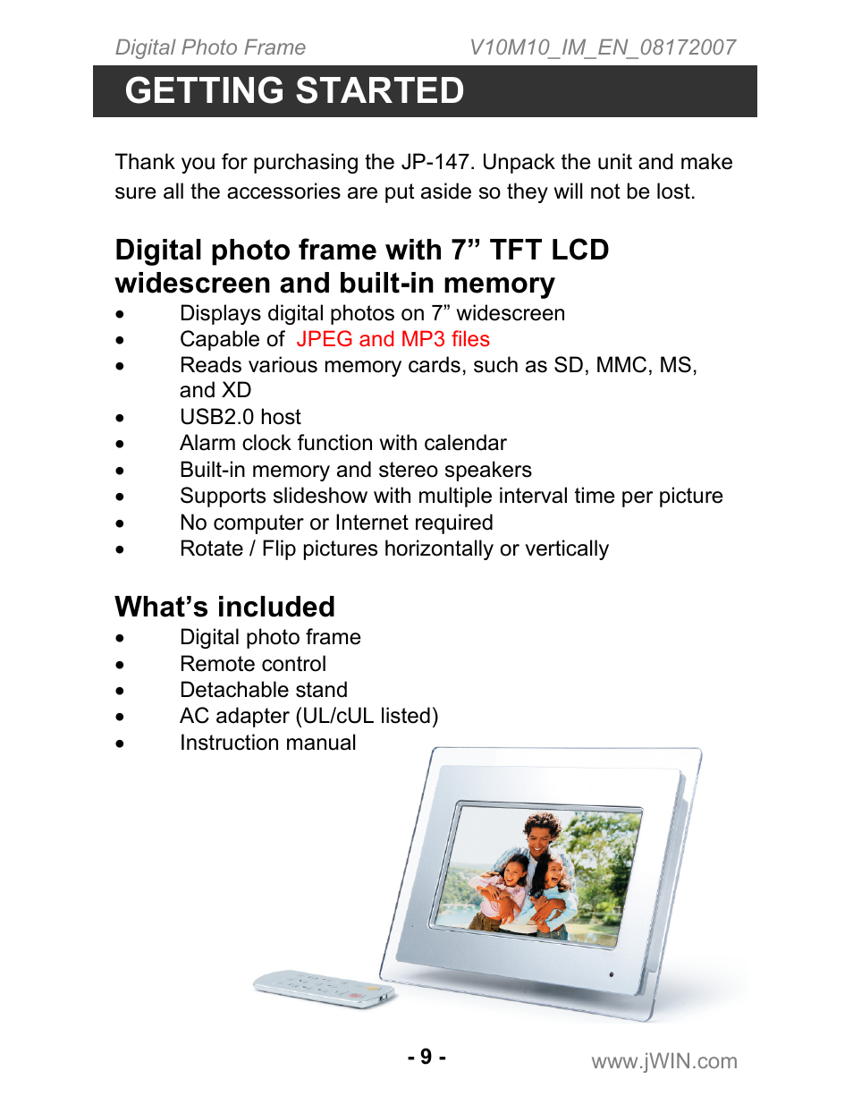 Getting started, What’s included | Jwin JP-147 User Manual | Page 9 / 24