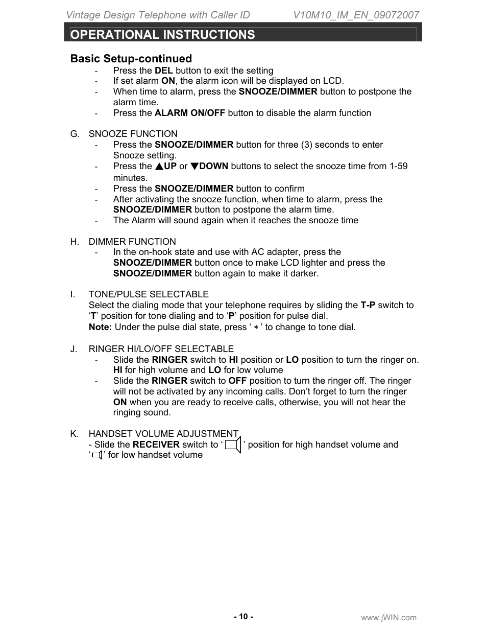 Operational instructions, Basic setup-continued | Jwin JT-P430 User Manual | Page 11 / 16