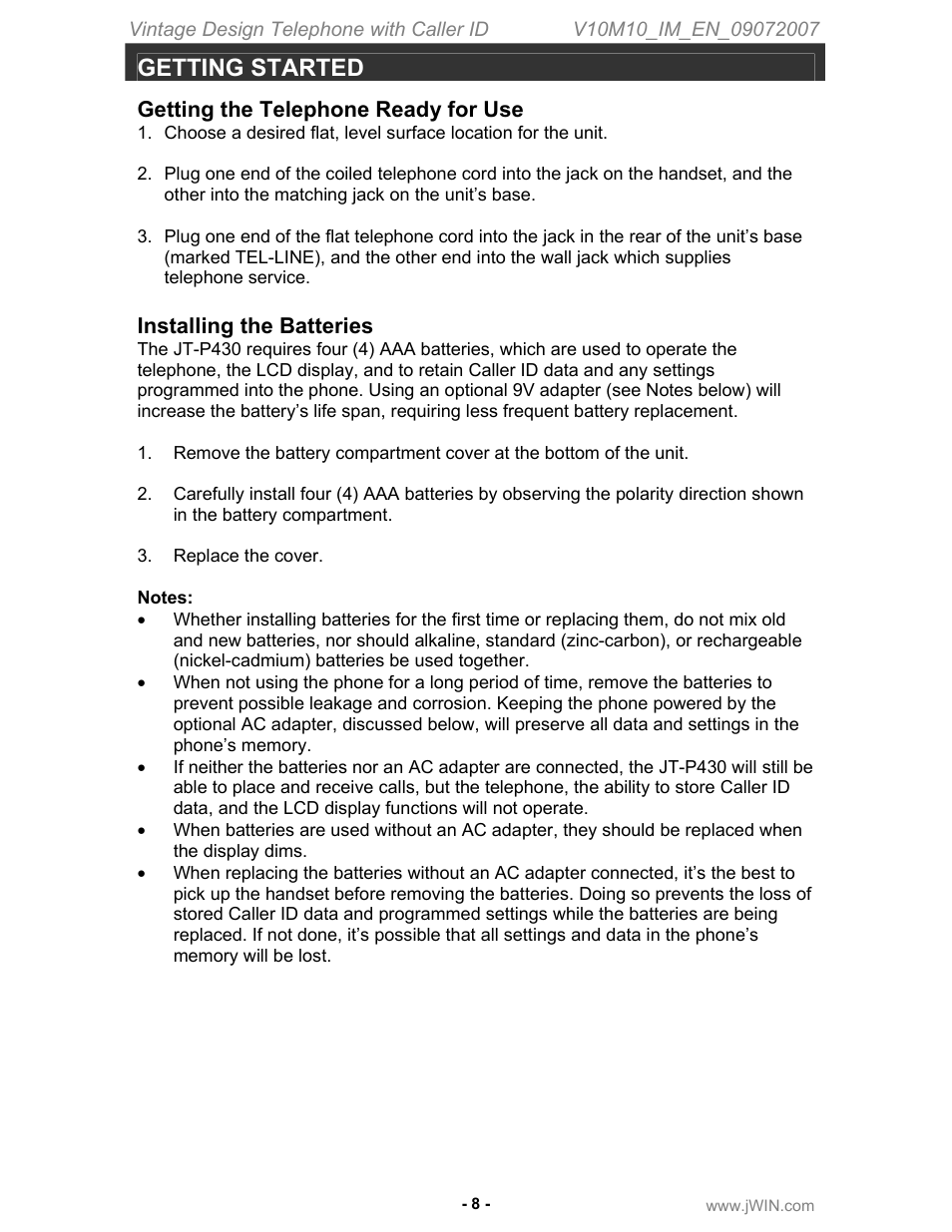 Getting started, Getting the telephone ready for use, Installing the batteries | Jwin JT-P430 User Manual | Page 9 / 16