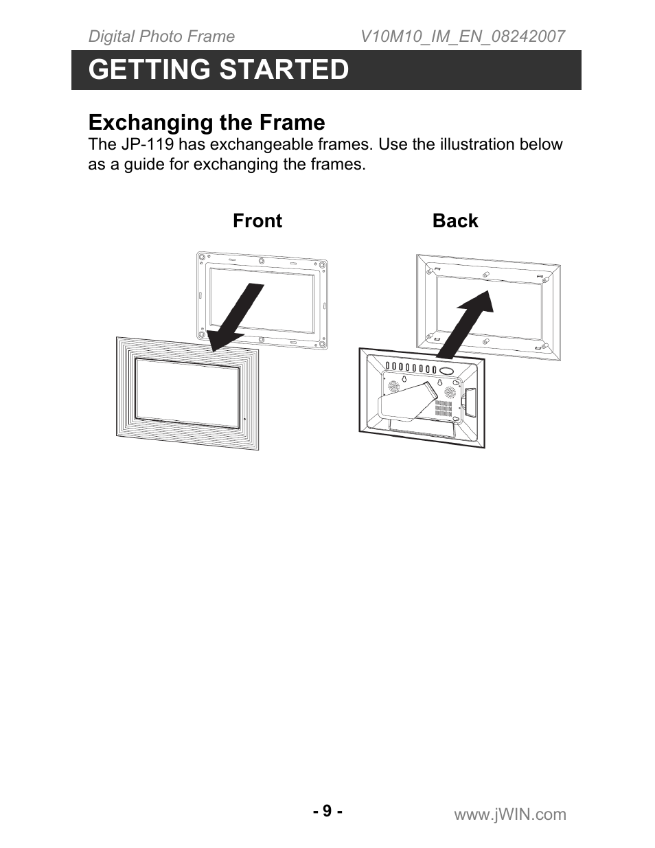 Getting started, Exchanging the frame | Jwin JP-119 User Manual | Page 10 / 20