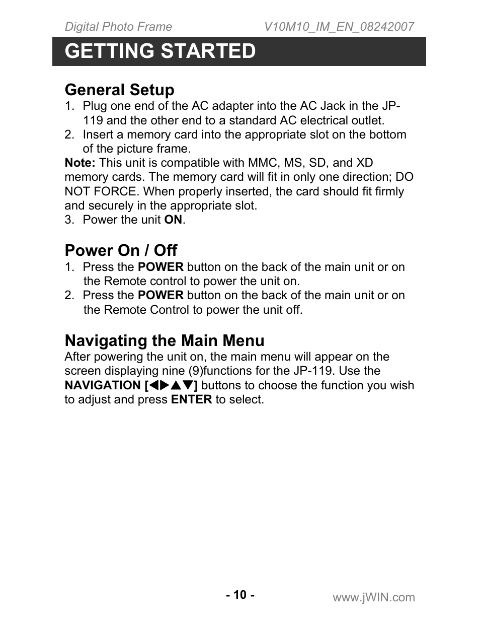 Getting started, General setup, Power on / off | Navigating the main menu | Jwin JP-119 User Manual | Page 11 / 20