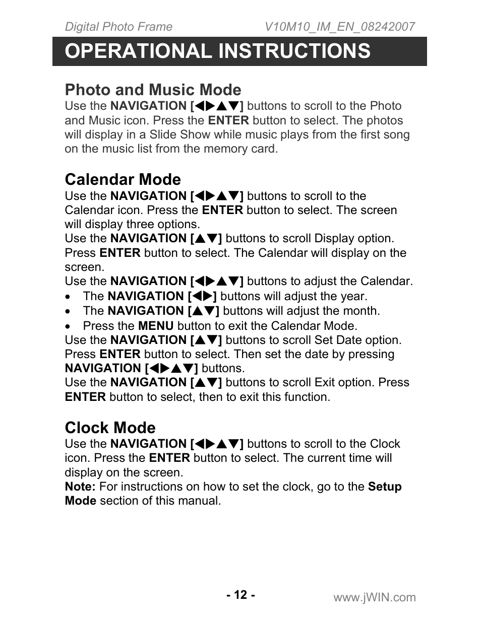 Operational instructions, Photo and music mode, Calendar mode | Clock mode | Jwin JP-119 User Manual | Page 13 / 20