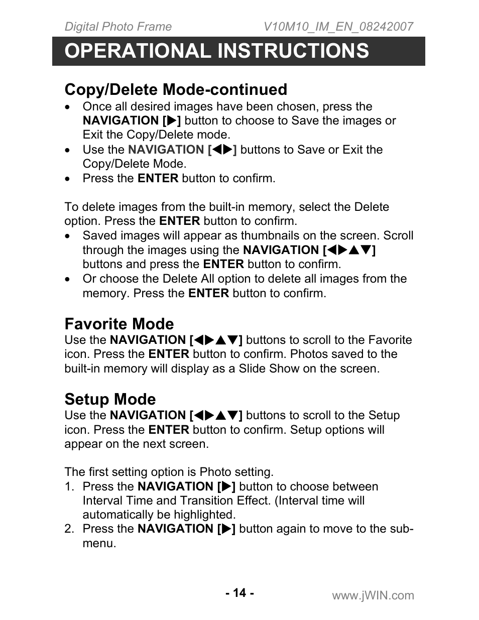 Operational instructions, Copy/delete mode-continued, Favorite mode | Setup mode | Jwin JP-119 User Manual | Page 15 / 20