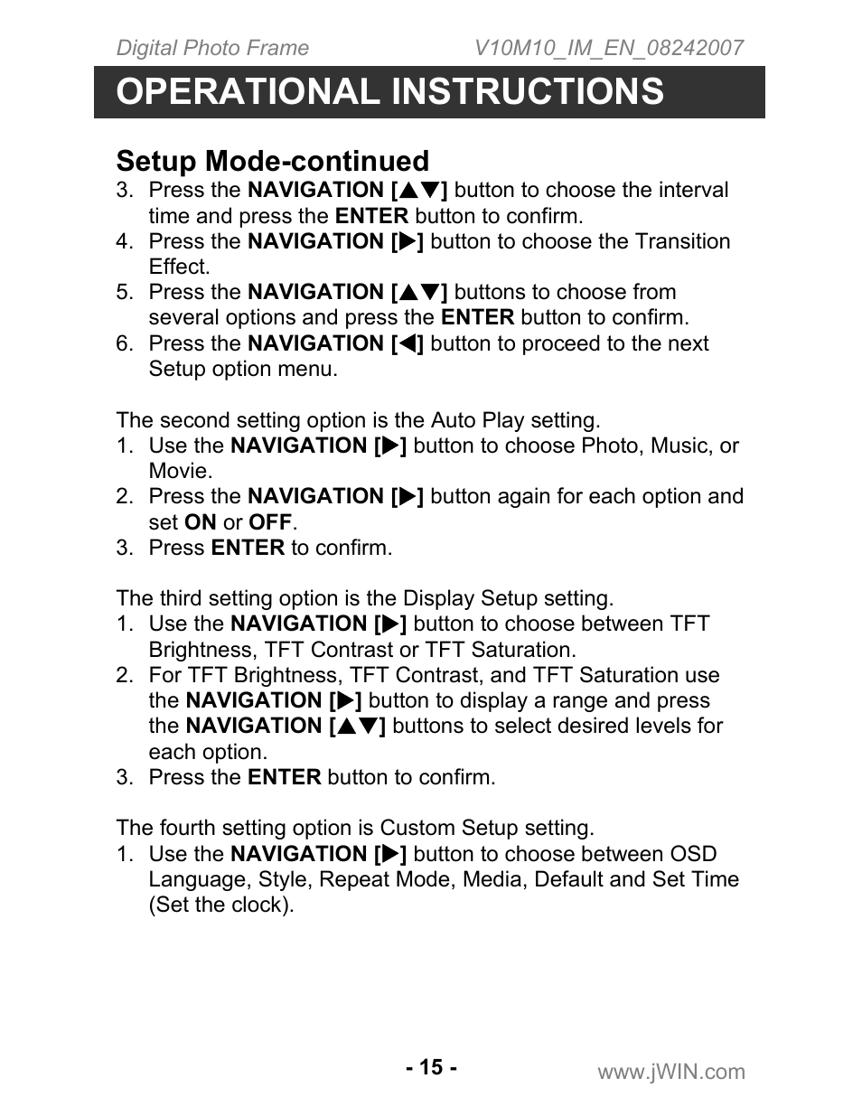 Operational instructions, Setup mode-continued | Jwin JP-119 User Manual | Page 16 / 20