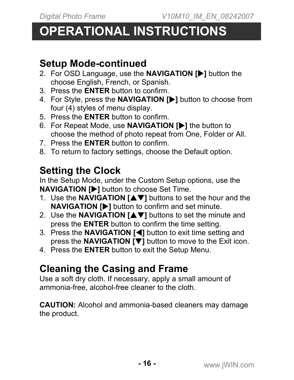 Operational instructions, Setup mode-continued, Setting the clock | Cleaning the casing and frame | Jwin JP-119 User Manual | Page 17 / 20