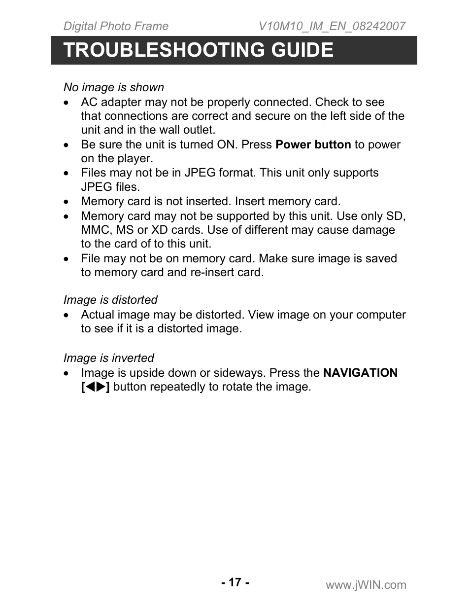 Troubleshooting guide | Jwin JP-119 User Manual | Page 18 / 20