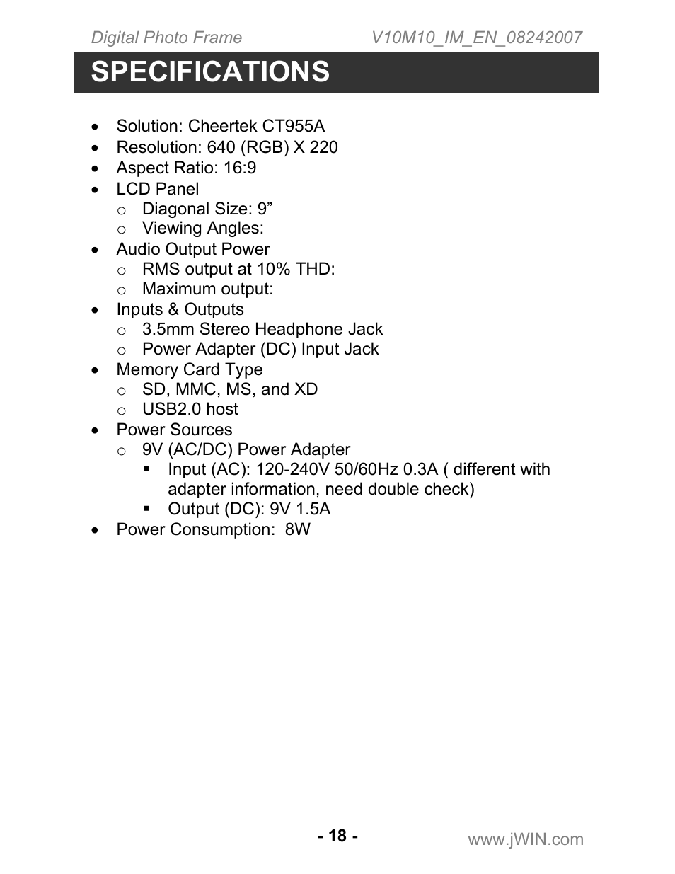 Specifications | Jwin JP-119 User Manual | Page 19 / 20