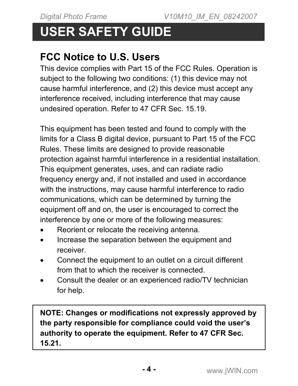 User safety guide, Fcc notice to u.s. users | Jwin JP-119 User Manual | Page 5 / 20