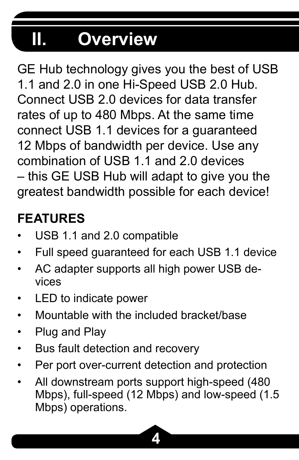 Ii. overview | GE 97863 GE USB 2.0 7 Port Desktop Hub User Manual | Page 4 / 28