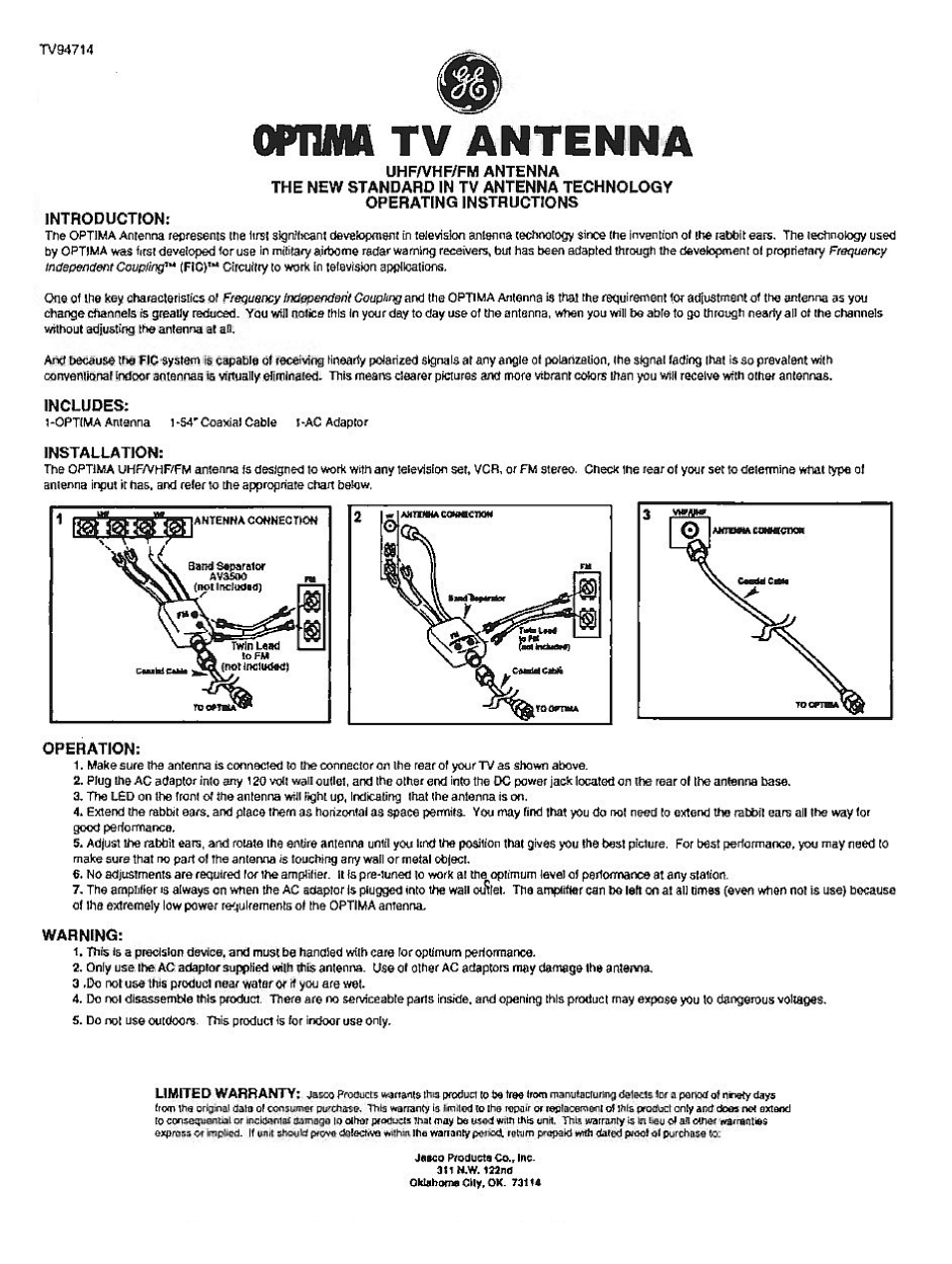 GE 94714 Optima TV Antenna User Manual | 1 page