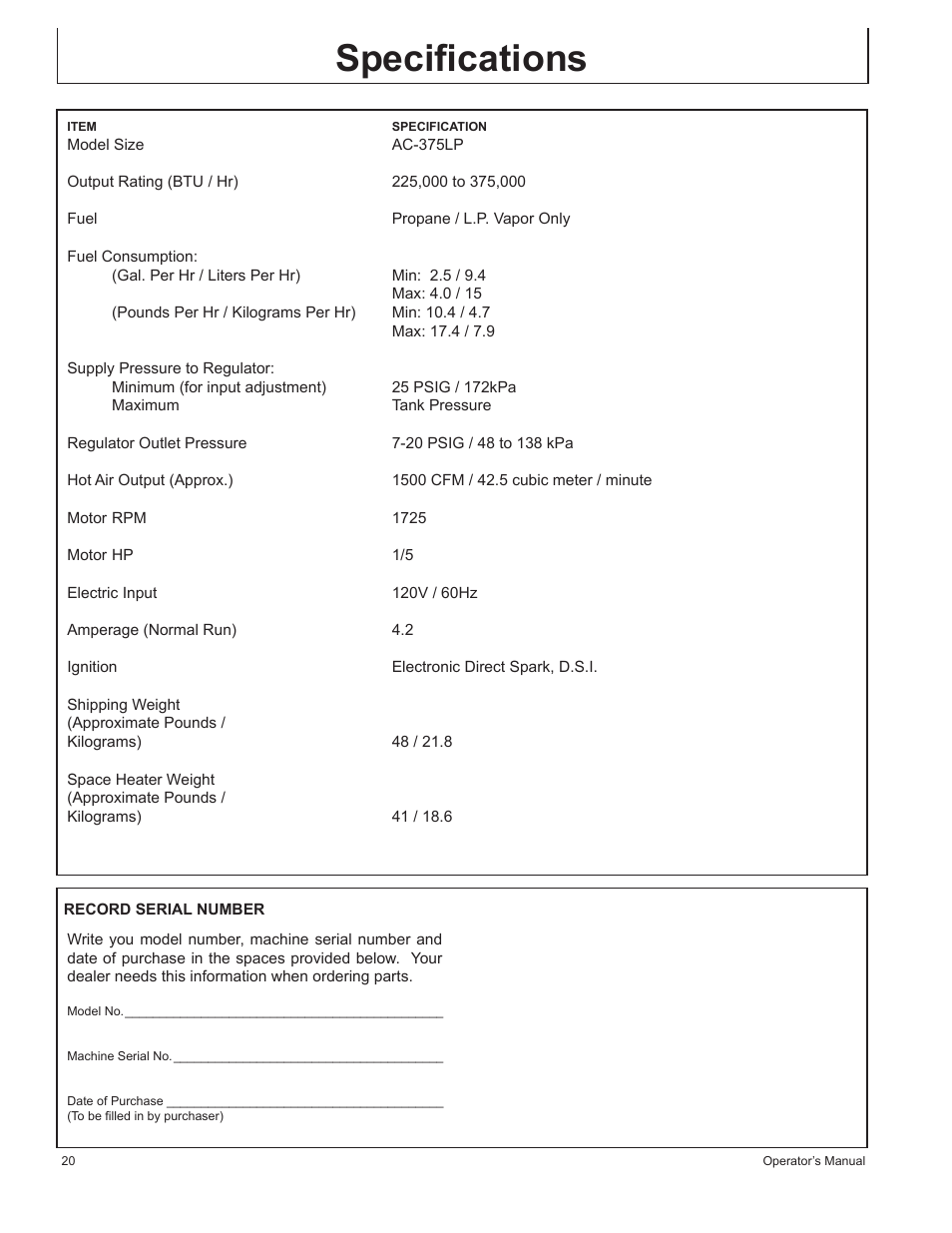 Speciﬁcations | John Deere AC-375LP User Manual | Page 20 / 72