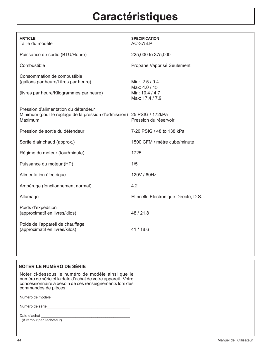 Caractéristiques | John Deere AC-375LP User Manual | Page 44 / 72