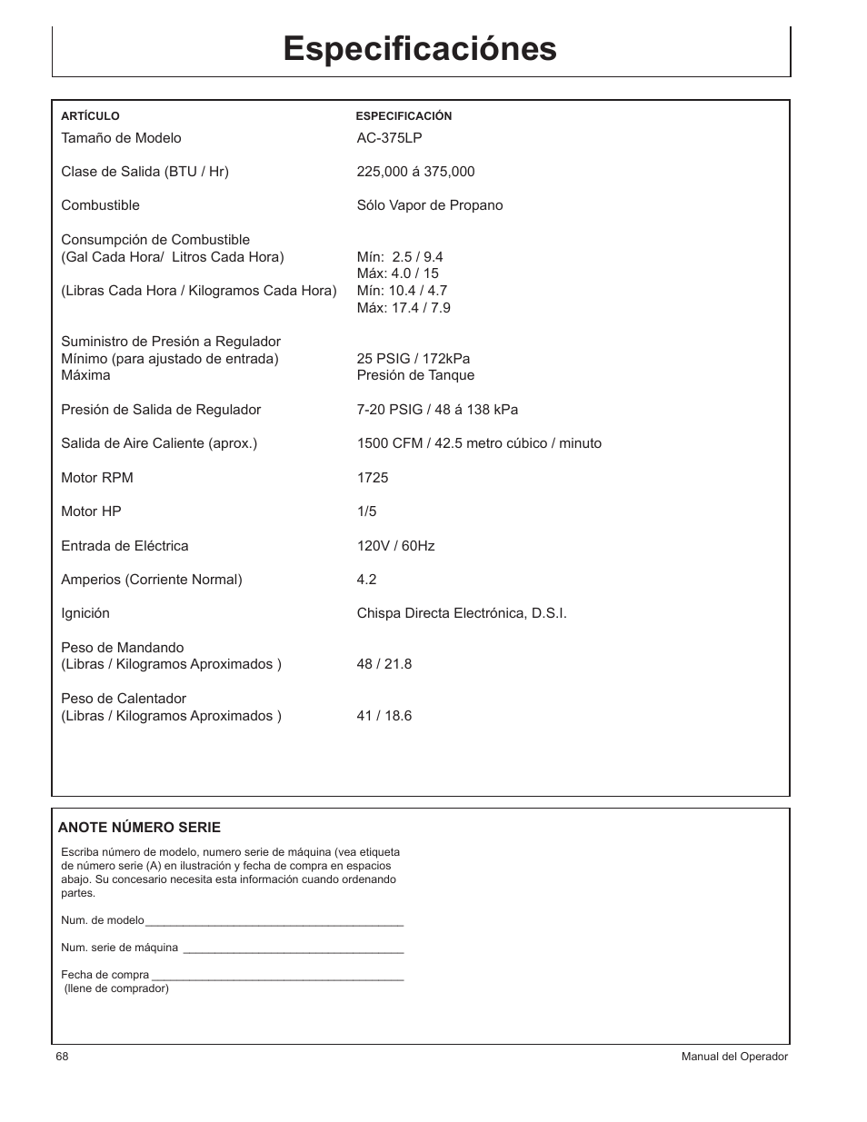 Especiﬁcaciónes | John Deere AC-375LP User Manual | Page 68 / 72