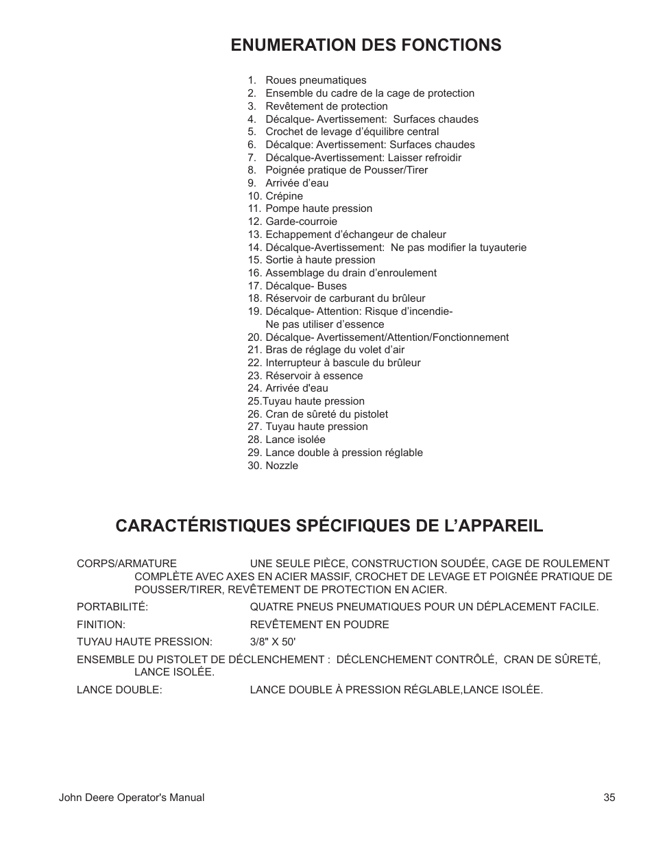 Enumeration des fonctions, Caractéristiques spécifiques de l’appareil | John Deere WASHERS AC-3500GHH User Manual | Page 35 / 78
