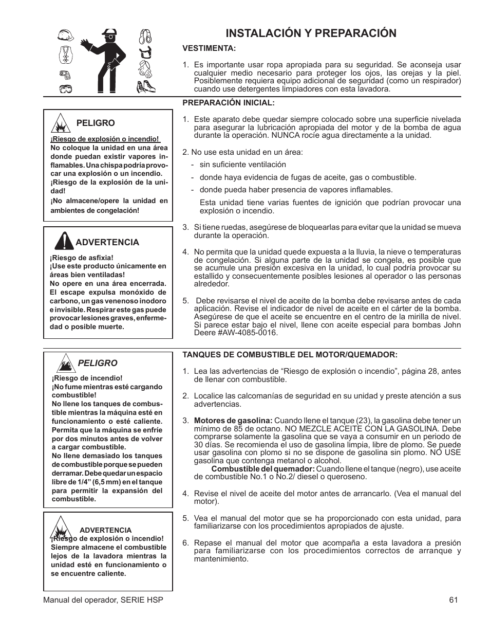 Instalación y preparación | John Deere WASHERS AC-3500GHH User Manual | Page 61 / 78