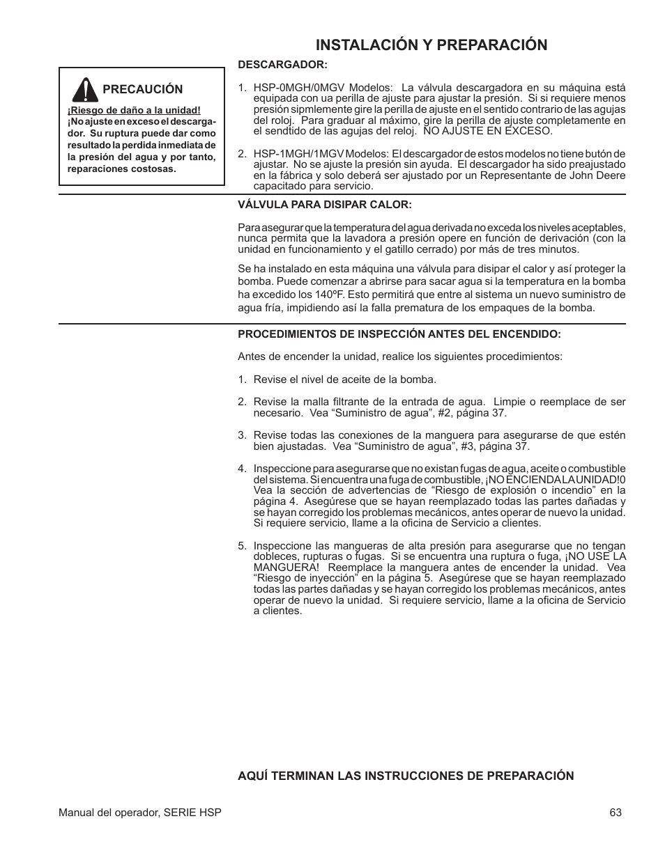 Instalación y preparación | John Deere WASHERS AC-3500GHH User Manual | Page 63 / 78