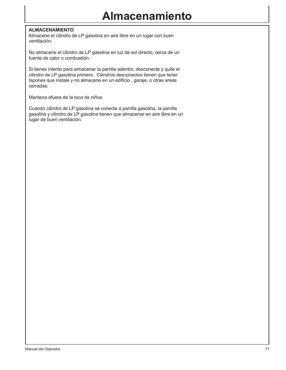 Almacenamiento | John Deere HR-BG5002 User Manual | Page 77 / 80