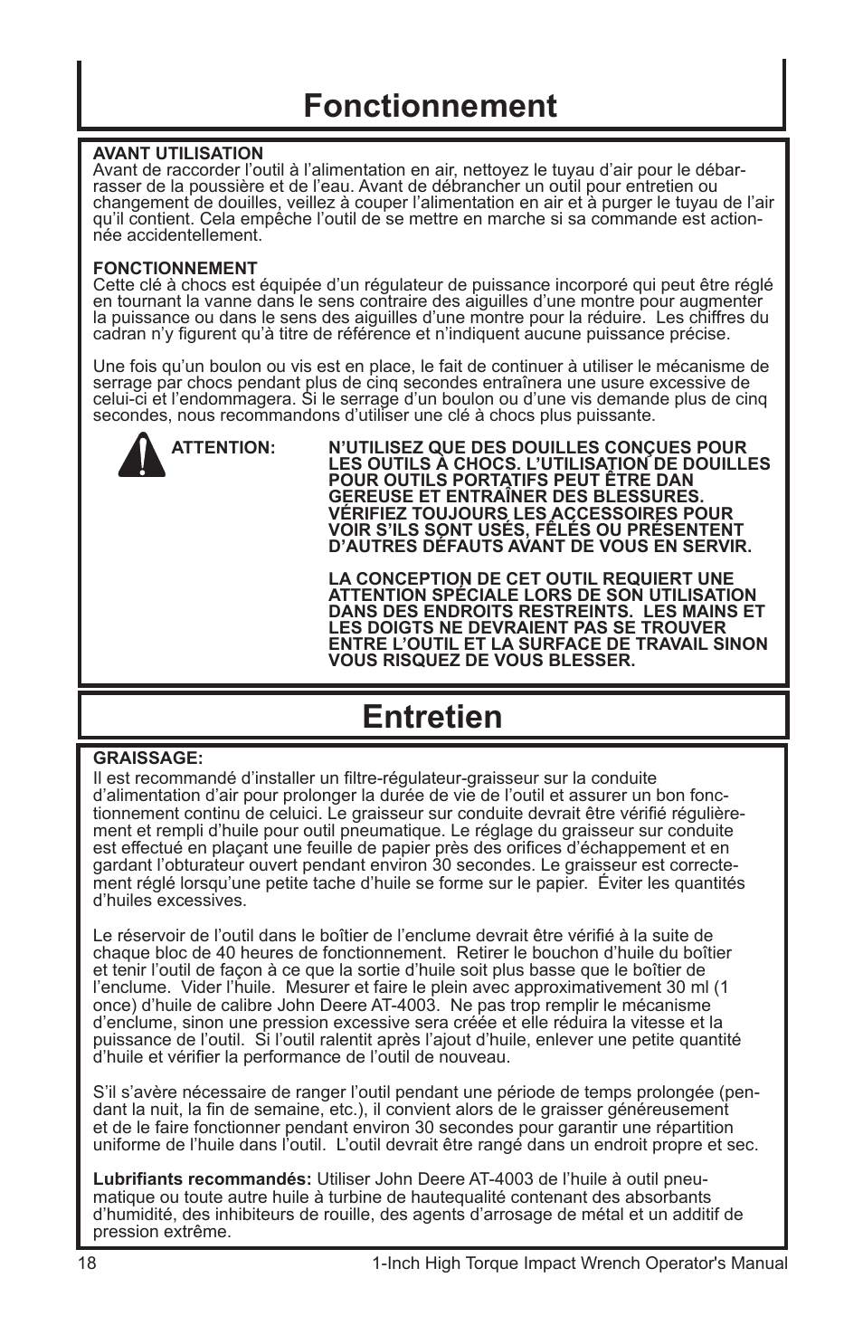 Fonctionnement entretien | John Deere AT-3107-J User Manual | Page 18 / 32