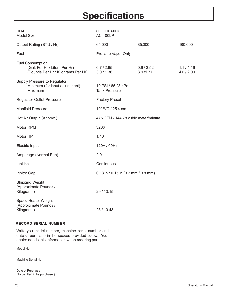 Speciﬁcations | John Deere AC-100LP User Manual | Page 20 / 68