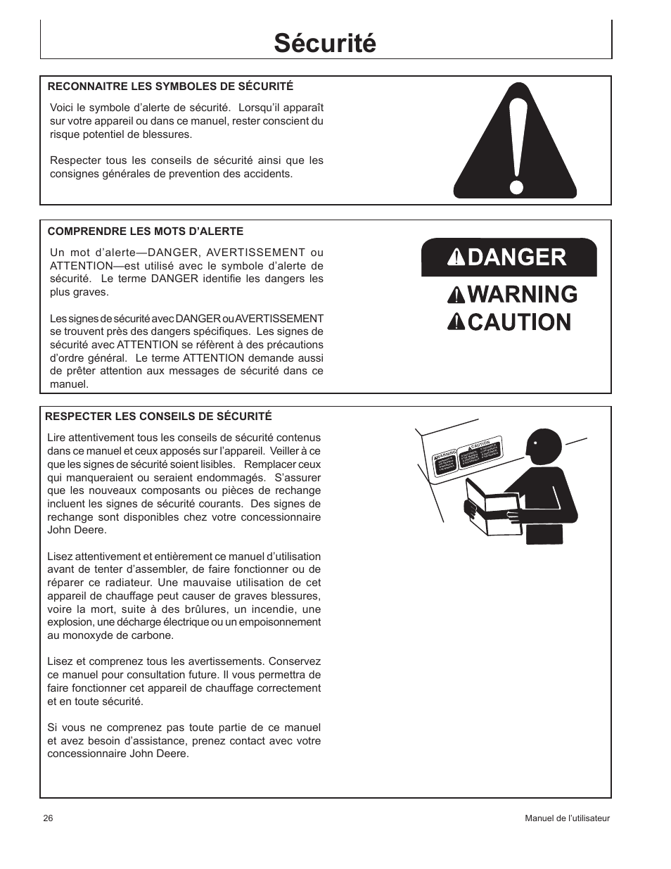 Sécurité, 26 manuel de l’utilisateur | John Deere AC-100LP User Manual | Page 26 / 68