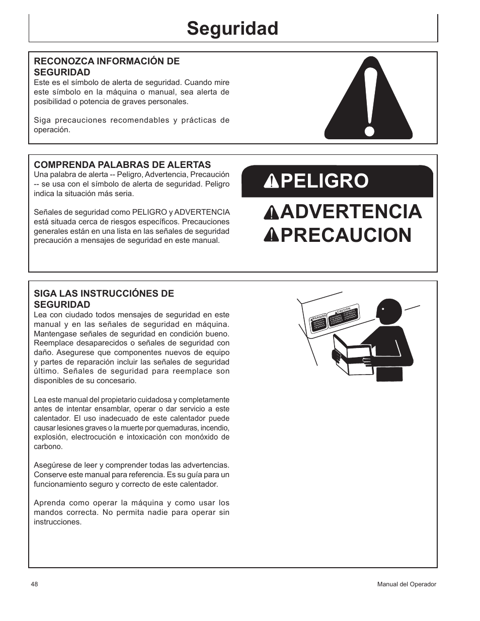 Peligro advertencia precaucion, Seguridad, Reconozca información de seguridad | Comprenda palabras de alertas, Siga las instrucciónes de seguridad | John Deere AC-100LP User Manual | Page 48 / 68