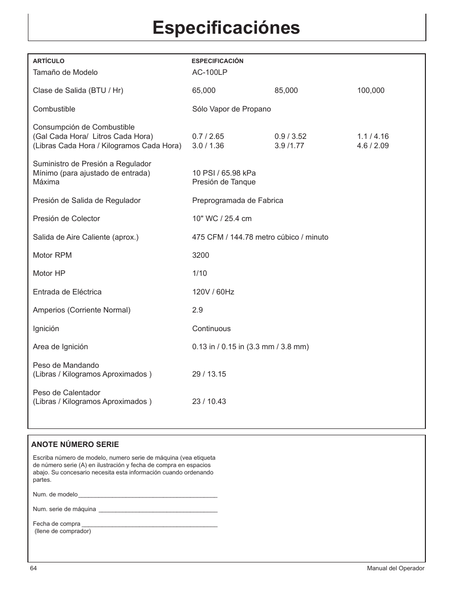 Especiﬁcaciónes | John Deere AC-100LP User Manual | Page 64 / 68