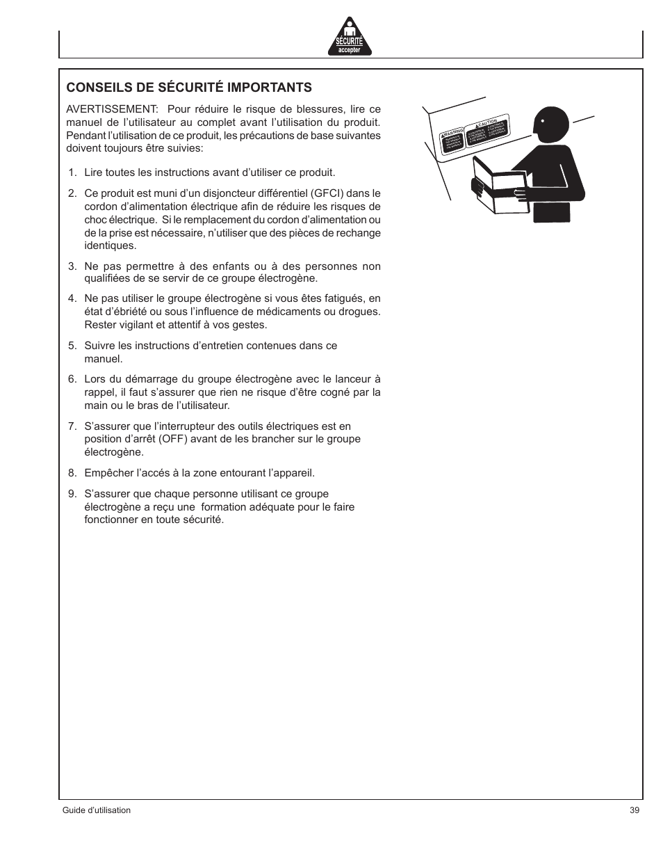 Conseils de sécurité importants, Guide d’utilisation 39 | John Deere AC-G4010S User Manual | Page 39 / 98