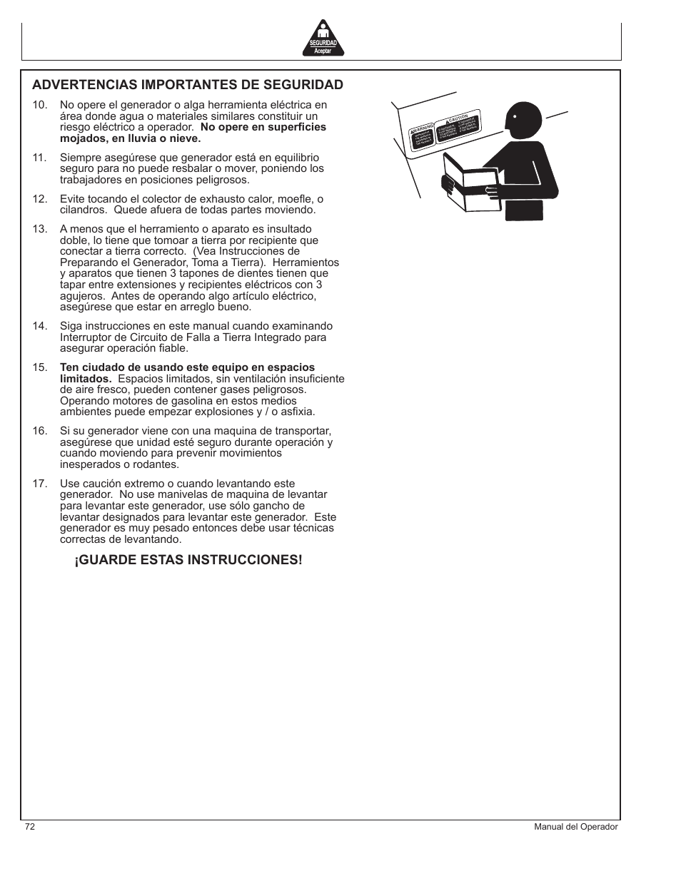 Advertencias importantes de seguridad, Guarde estas instrucciones, 72 manual del operador | John Deere AC-G4010S User Manual | Page 72 / 98