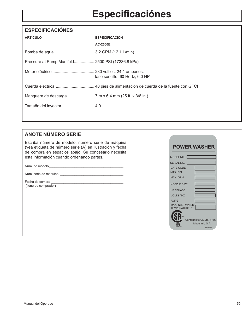 Especificaciónes, Power washer | John Deere AC-2500E User Manual | Page 59 / 64