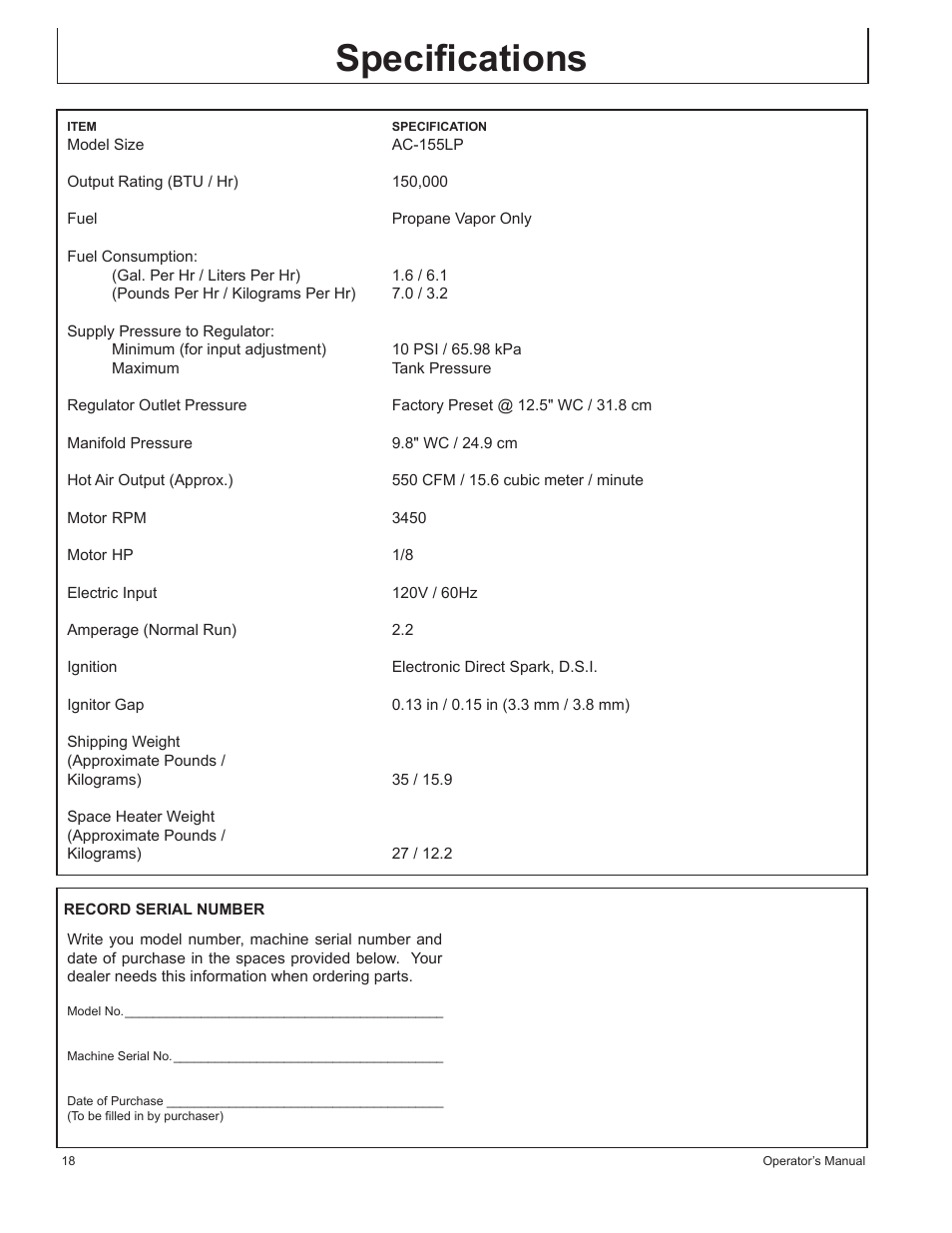 Speciﬁcations | John Deere AC-155LP User Manual | Page 18 / 64