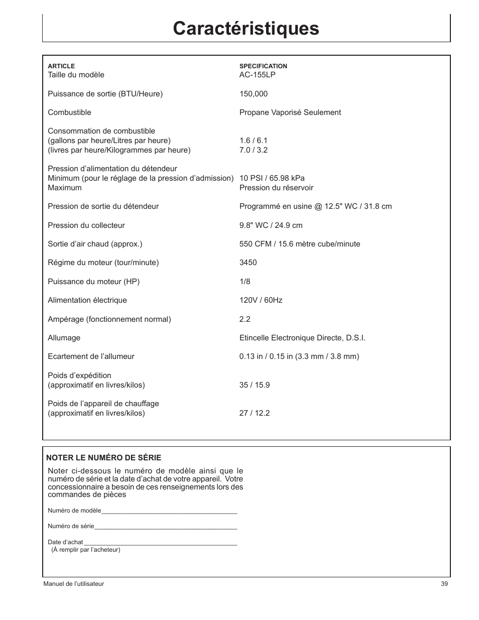 Caractéristiques | John Deere AC-155LP User Manual | Page 39 / 64