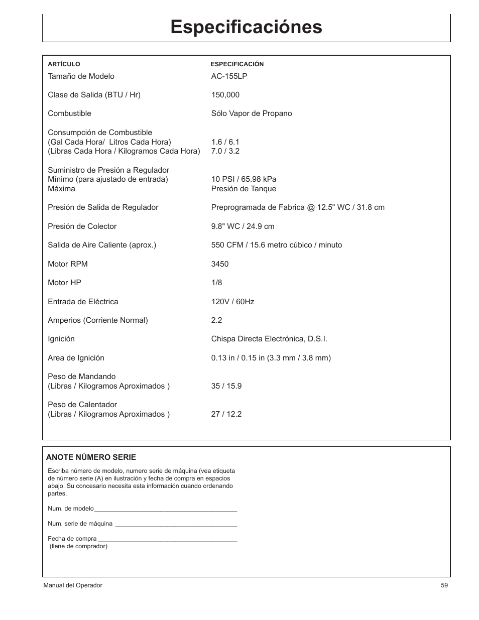 Especiﬁcaciónes | John Deere AC-155LP User Manual | Page 61 / 64