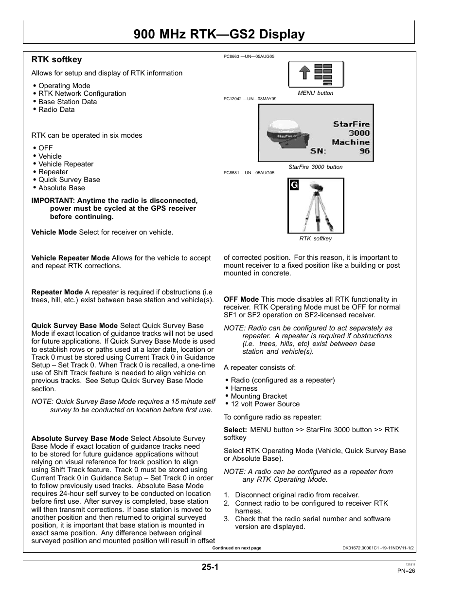 900 mhz rtk—gs2 display, Rtk softkey, Section 25 | John Deere STARFIRE RTK OMPFP11348 User Manual | Page 26 / 60