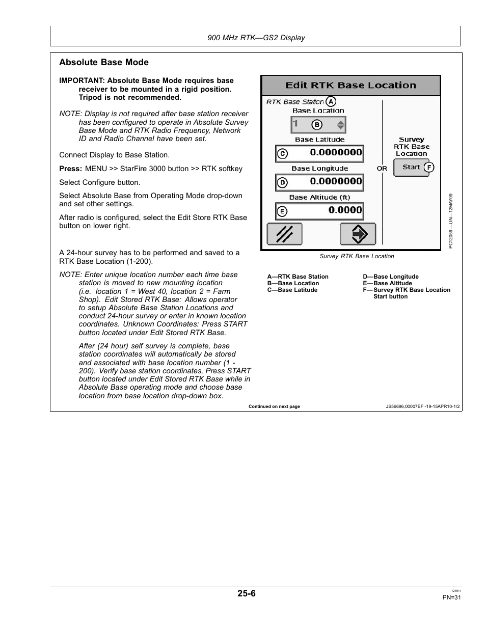 Absolute base mode | John Deere STARFIRE RTK OMPFP11348 User Manual | Page 31 / 60