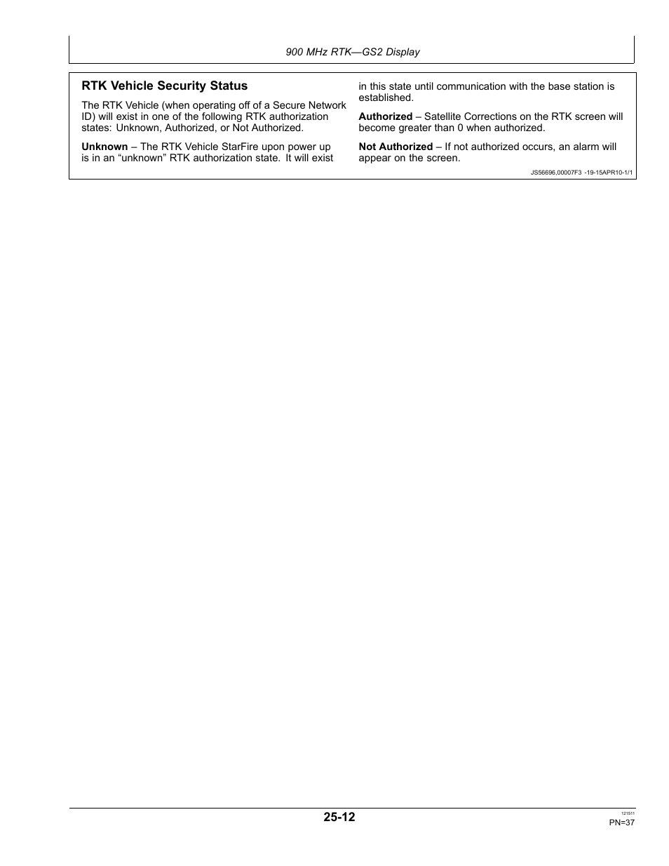 Rtk vehicle security status, Radio self test | John Deere STARFIRE RTK OMPFP11348 User Manual | Page 37 / 60