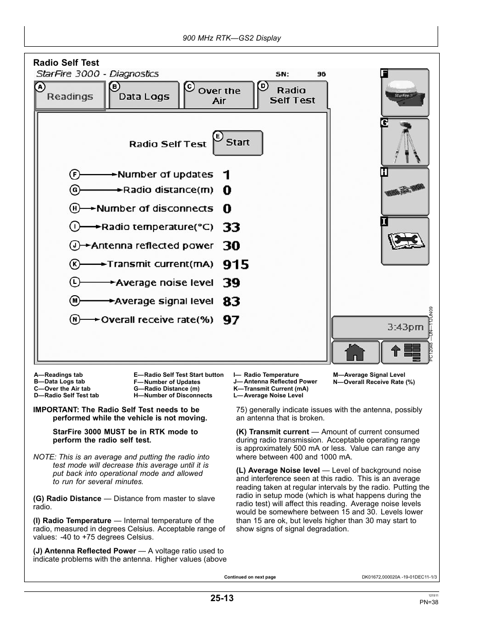 Radio self test | John Deere STARFIRE RTK OMPFP11348 User Manual | Page 38 / 60