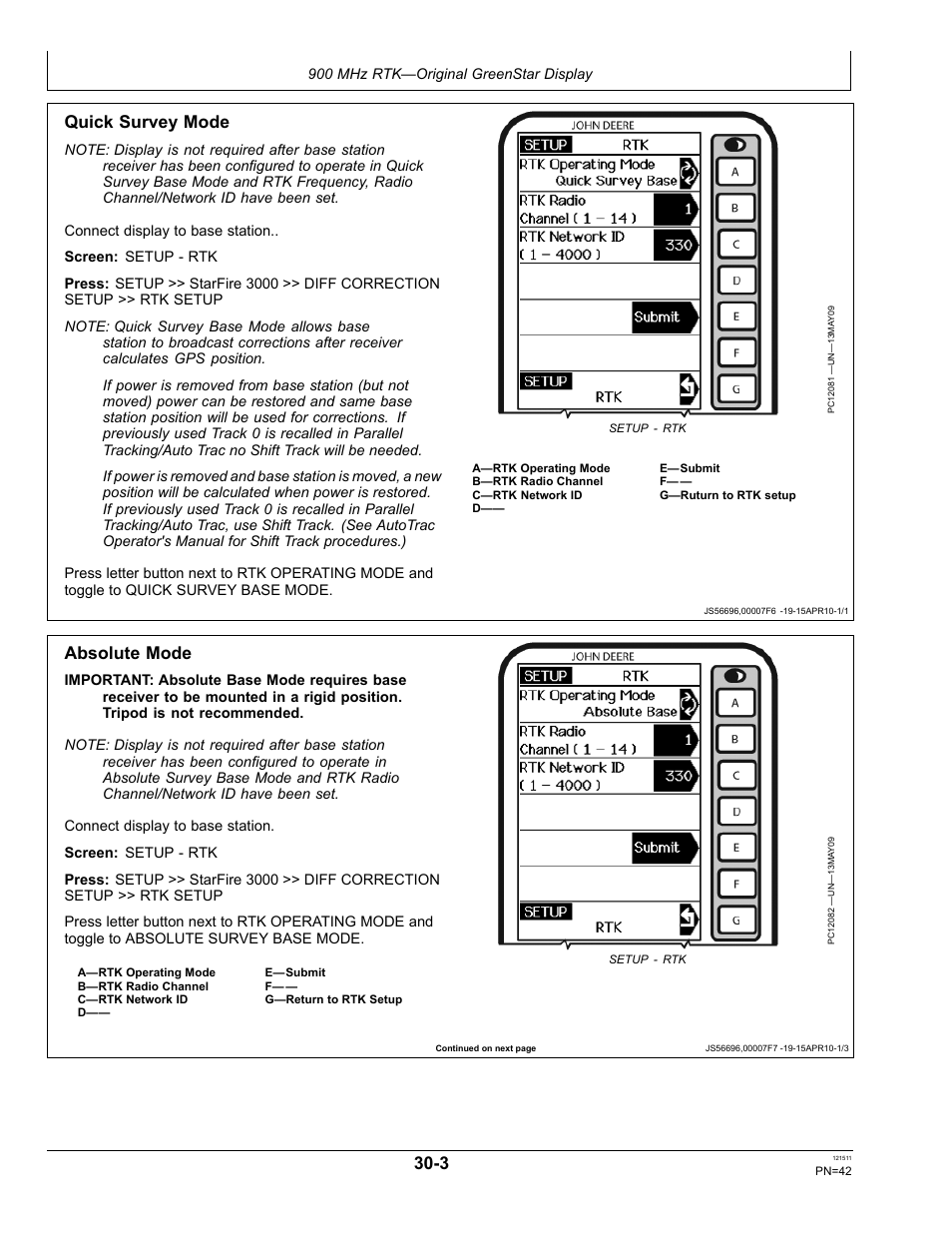 Absolute mode, Quick survey mode | John Deere STARFIRE RTK OMPFP11348 User Manual | Page 42 / 60