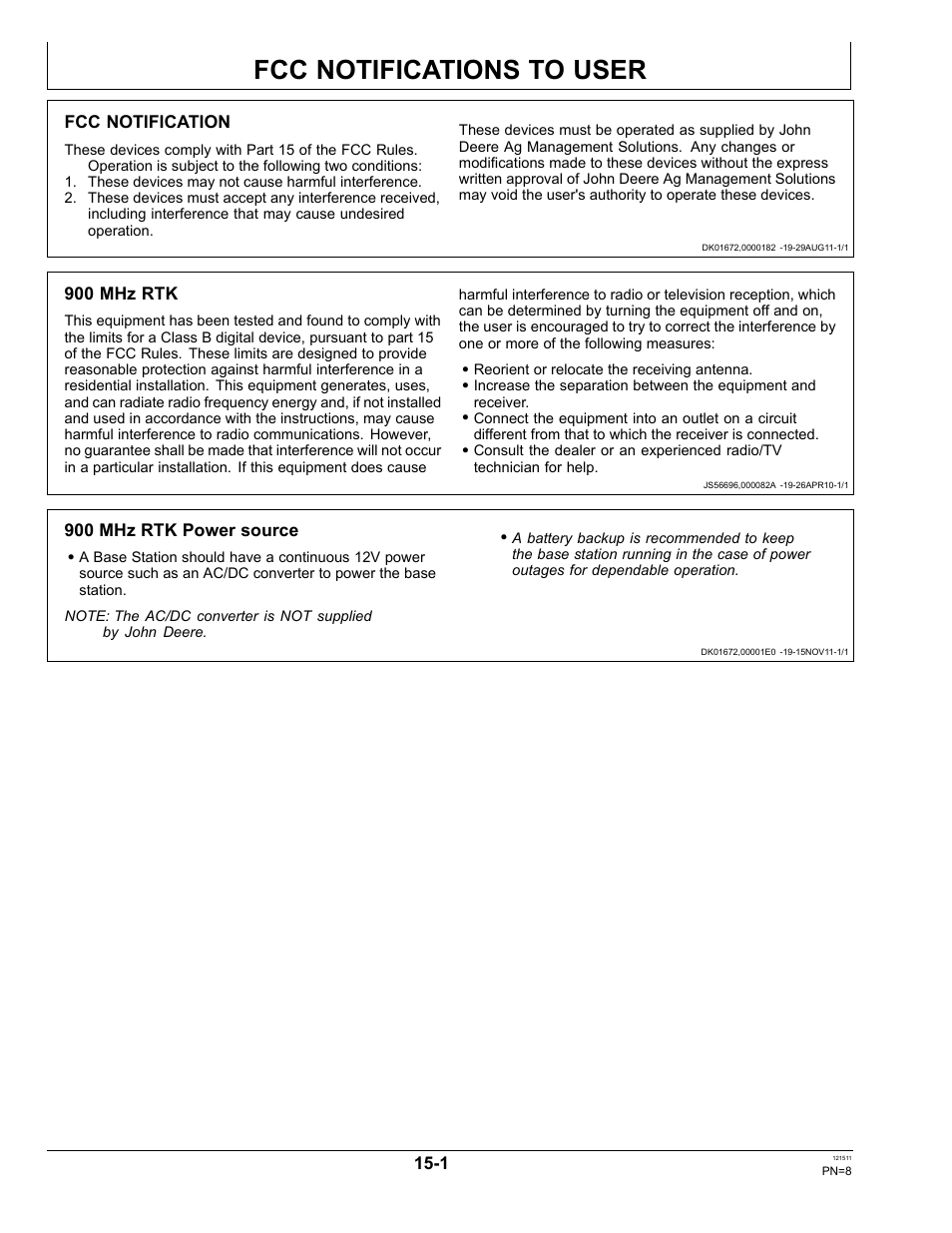 Fcc notifications to user, Fcc notification, 900 mhz rtk | 900 mhz rtk power source, Section 15 | John Deere STARFIRE RTK OMPFP11348 User Manual | Page 8 / 60