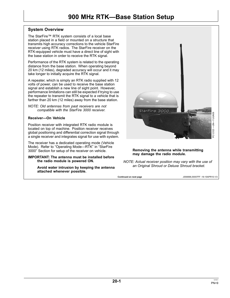 900 mhz rtk—base station setup, System overview, Section 20 | John Deere STARFIRE RTK OMPFP11348 User Manual | Page 9 / 60