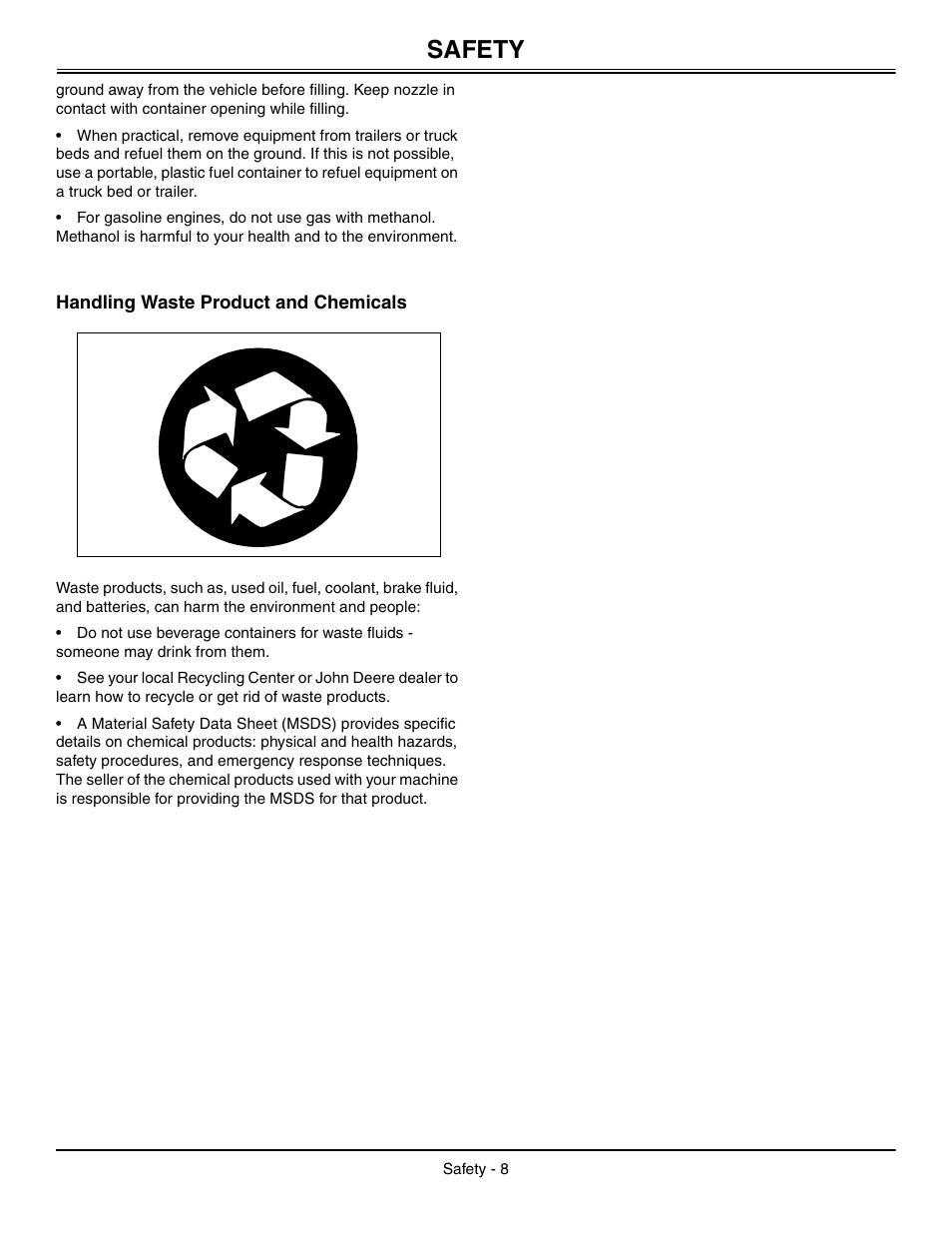 Handling waste product and chemicals, Safety | John Deere L2048 User Manual | Page 12 / 76