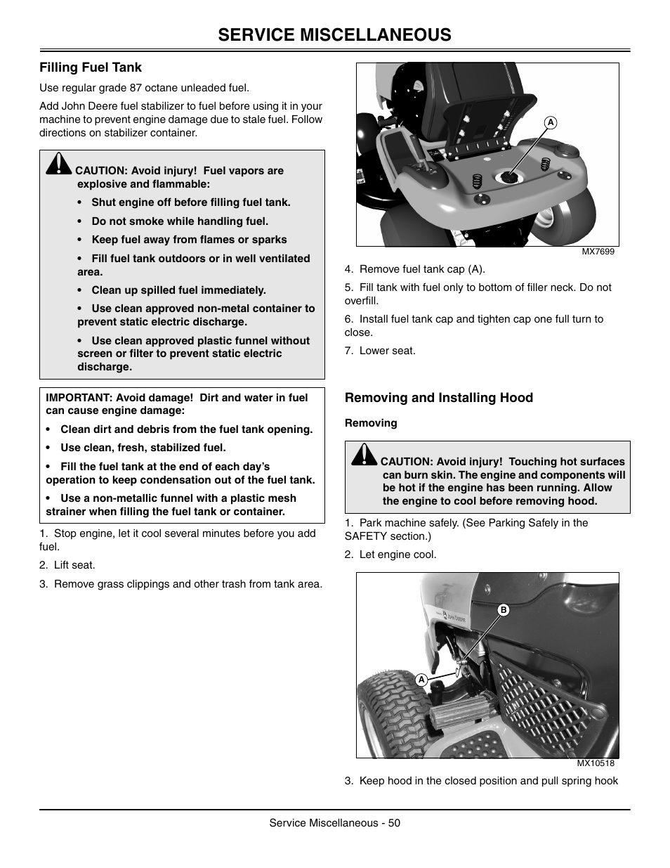 Service miscellaneous, Filling fuel tank, Removing and installing hood | Removing | John Deere L2048 User Manual | Page 54 / 76