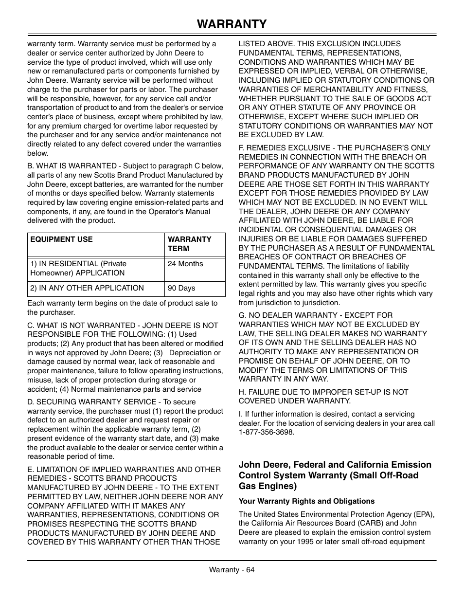 Warranty | John Deere L2048 User Manual | Page 68 / 76
