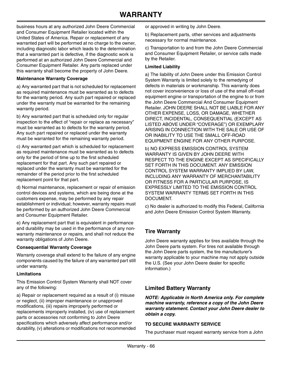 Tire warranty, Limited battery warranty, To secure warranty service | Warranty | John Deere L2048 User Manual | Page 70 / 76