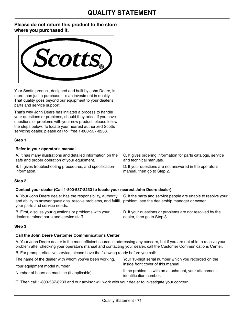 Quality statement, Step 1, Step 2 | Step 3 | John Deere L2048 User Manual | Page 75 / 76